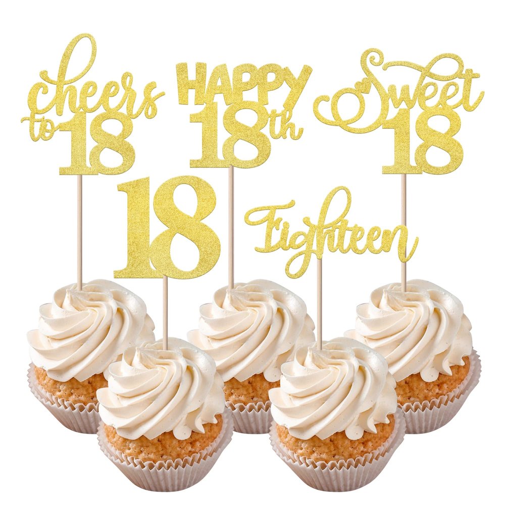 Rsstarxi 30 Pack 18th Birthday Cupcake Toppers Gold Glitter Eighteen Happy Sweet 18 Cheers to 18 Cake Decorations for 18th Birthday Anniversary Party Supplies