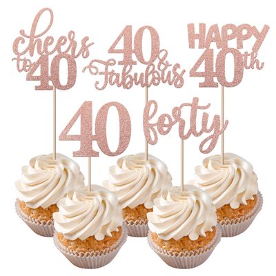 Rsstarxi 30 Pack Happy 40th Birthday Cupcake Toppers Rose Gold Glitter Forty Cheers to 40 Years Old Birthday Cupcake Picks for Anniversary Party Cake Decorations