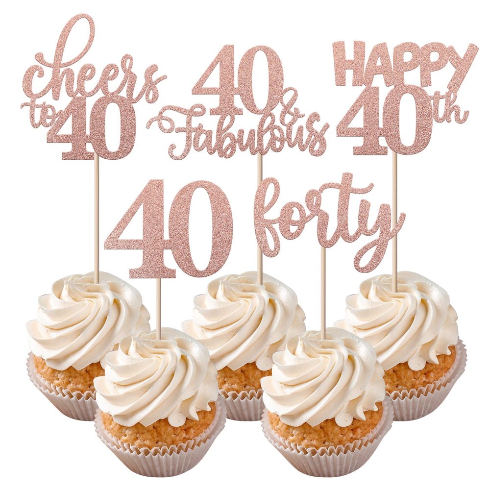 Rsstarxi 30 Pack Happy 40th Birthday Cupcake Toppers Rose Gold Glitter Forty Cheers to 40 Years Old Birthday Cupcake Picks for Anniversary Party Cake Decorations