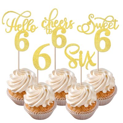 Rsstarxi 30 Pack 6th Birthday Cupcake Toppers Gold Glitter Six Hello 6 Cupcake Picks Cheers to 6 Years Old Cake Decorations for 6th Birthday Party Supplies