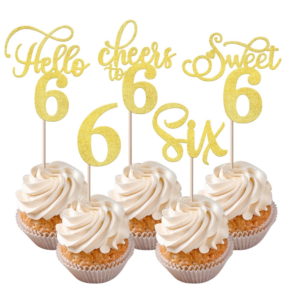 Rsstarxi 30 Pack 6th Birthday Cupcake Toppers Gold Glitter Six Hello 6 Cupcake Picks Cheers to 6 Years Old Cake Decorations for 6th Birthday Party Supplies