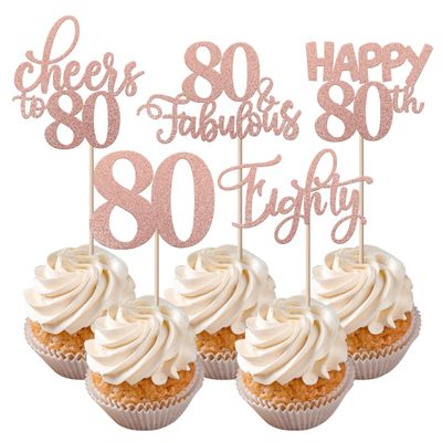 Rsstarxi 30 Pack Happy 80th Birthday Cupcake Toppers Rose Gold Glitter Eighty Cheers to 80 Years Old Cupcake Picks for Anniversary Party Cake Decorations