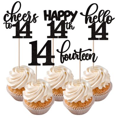 Rsstarxi 30 Pack 14th Birthday Cupcake Toppers Black Glitter Hello 14 Cupcake Picks Fourteen Cheers to 14 Years Old Cake Decorations for 14th Birthday Anniversary Party Supplies