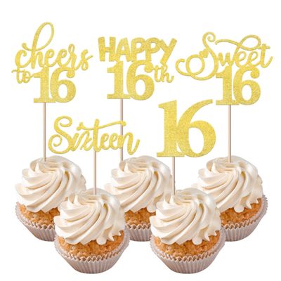 Rsstarxi 30 Pack Cupcake Toppers Gold Glitter Sixteen Happy Cupcake Picks Cheers to Sweet 16 Cake Decorations for 16th Birthday Anniversary Party Supplies