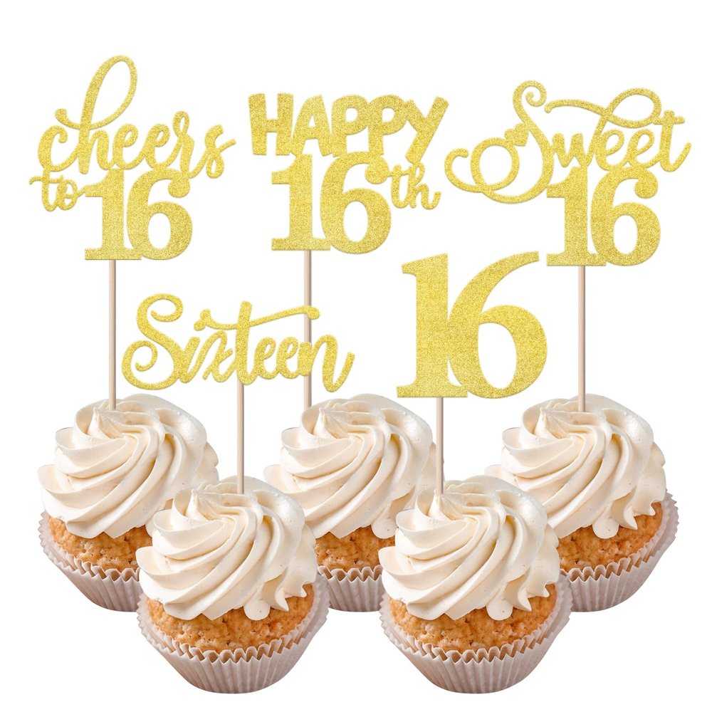 Rsstarxi 30 Pack Cupcake Toppers Gold Glitter Sixteen Happy Cupcake Picks Cheers to Sweet 16 Cake Decorations for 16th Birthday Anniversary Party Supplies