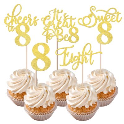 Rsstarxi 30 Pack 8th Birthday Cupcake Toppers Gold Glitter Eight Hello 8 Cupcake Picks Cheers to 8 Years Old Cake Decorations for 8th Birthday Party Supplies