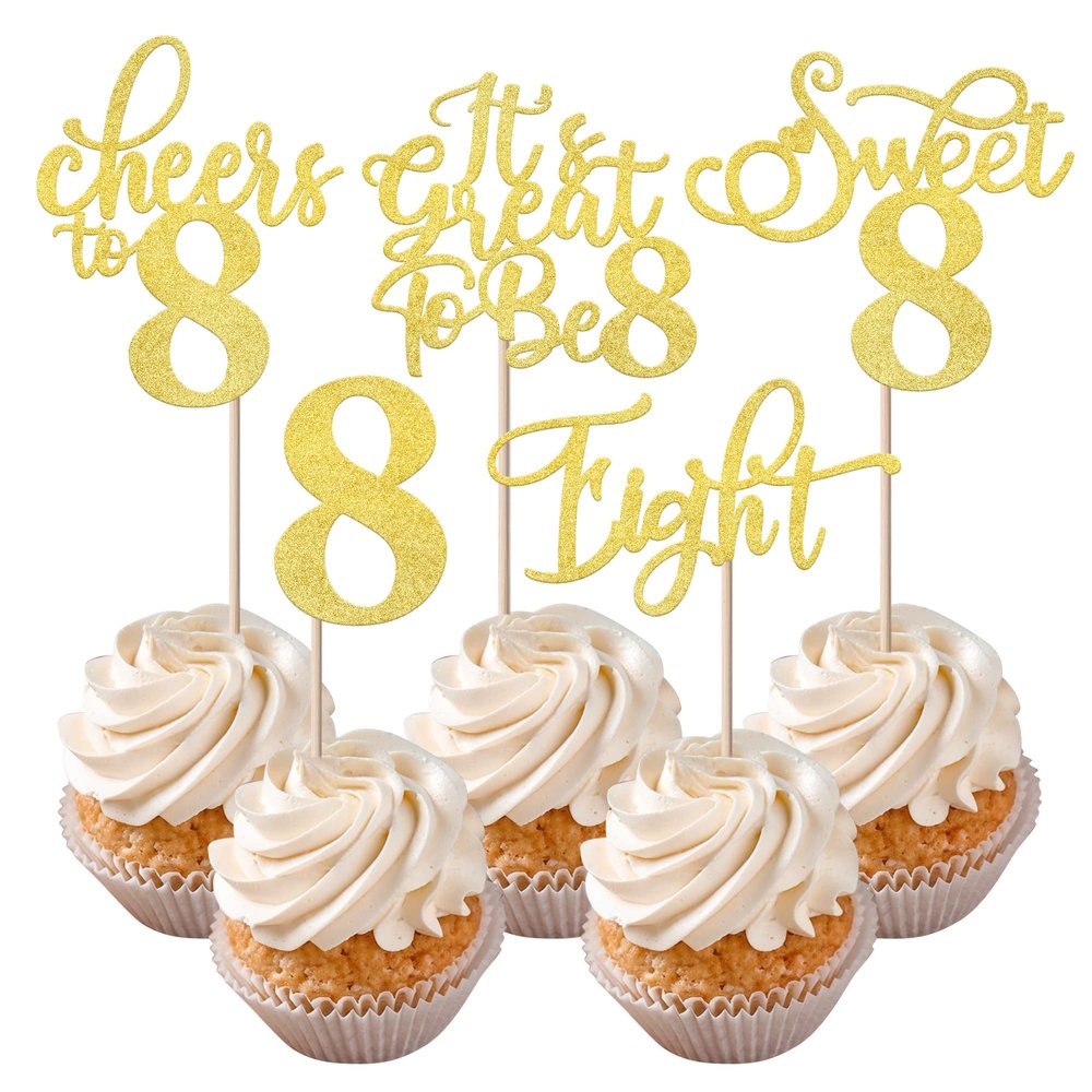 Rsstarxi 30 Pack 8th Birthday Cupcake Toppers Gold Glitter Eight Hello 8 Cupcake Picks Cheers to 8 Years Old Cake Decorations for 8th Birthday Party Supplies