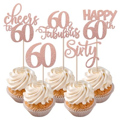 Rsstarxi 30 Pack Happy 60th Birthday Cupcake Toppers Rose Gold Glitter Sixty Cheers to 60 Years Old Birthday Cupcake Picks for 60th Birthday Anniversary Party Cake Decorations Supplies
