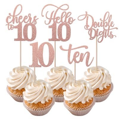 Rsstarxi 30 Pack 10th Birthday Cupcake Toppers Rose Gold Glitter Ten Double Hello 10 Cupcake Picks Cheers to 10 Years Old Cake Decorations for 10th Birthday Party Supplies