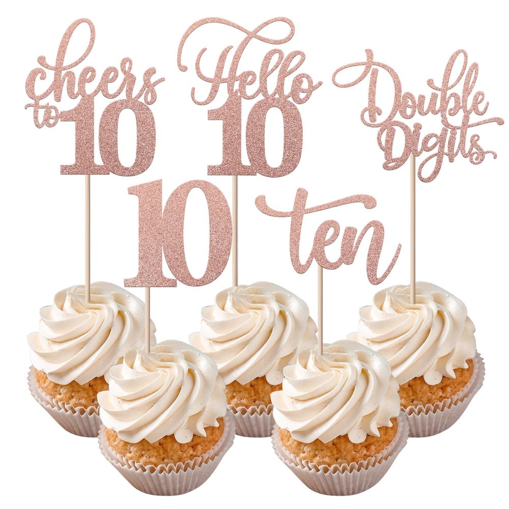 Rsstarxi 30 Pack 10th Birthday Cupcake Toppers Rose Gold Glitter Ten Double Hello 10 Cupcake Picks Cheers to 10 Years Old Cake Decorations for 10th Birthday Party Supplies