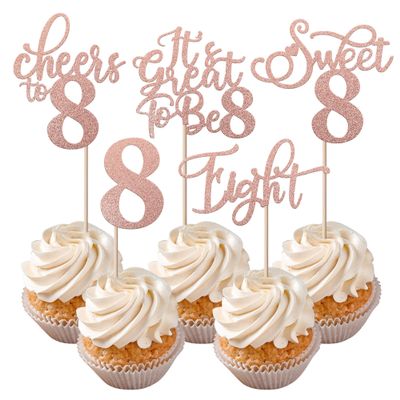 Rsstarxi 30 Pack 8th Birthday Cupcake Toppers Rose Gold Glitter Eight Hello 8 Cupcake Picks Cheers to 8 Years Old Cake Decorations for 8th Birthday Party Supplies