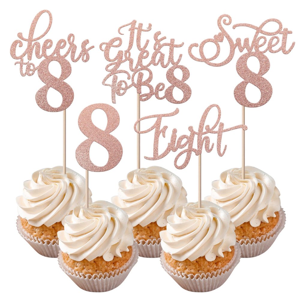 Rsstarxi 30 Pack 8th Birthday Cupcake Toppers Rose Gold Glitter Eight Hello 8 Cupcake Picks Cheers to 8 Years Old Cake Decorations for 8th Birthday Party Supplies