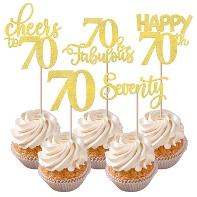 Rsstarxi 30 Pack Happy 70th Birthday Cupcake Toppers Gold Glitter Seventy Cheers to 70 Years Old Birthday Cupcake Picks for 70th Birthday Anniversary Party Cake Decorations Supplies