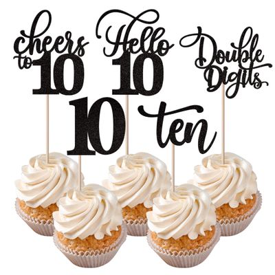 Rsstarxi 30 Pack 10th Birthday Cupcake Toppers Black Glitter Ten Double Hello 10 Cupcake Picks Cheers to 10 Years Old Cake Decorations for 10th Birthday Party Supplies