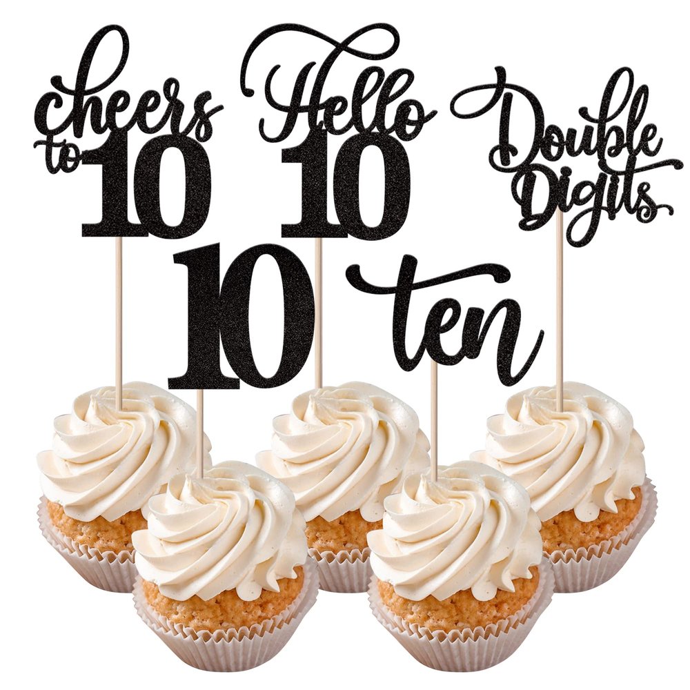 Rsstarxi 30 Pack 10th Birthday Cupcake Toppers Black Glitter Ten Double Hello 10 Cupcake Picks Cheers to 10 Years Old Cake Decorations for 10th Birthday Party Supplies