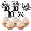 Rsstarxi 30 Pack 10th Birthday Cupcake Toppers Black Glitter Ten Double Hello 10 Cupcake Picks Cheers to 10 Years Old Cake Decorations for 10th Birthday Party Supplies view 1