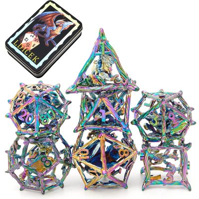 Metal DND Dice Set with Box 7pcs Hollow D&D Dice,Copper Polyhedral Dungeons and Dragons Dice Set Steampunk Polyhedral Dice Games Set for RPG,MTG,Pathfinder,D and D Dice Set (Dragon Dazzle Colour)