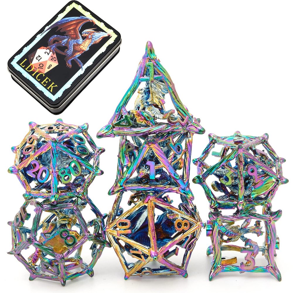 Metal DND Dice Set with Box 7pcs Hollow D&D Dice,Copper Polyhedral Dungeons and Dragons Dice Set Steampunk Polyhedral Dice Games Set for RPG,MTG,Pathfinder,D and D Dice Set (Dragon Dazzle Colour)