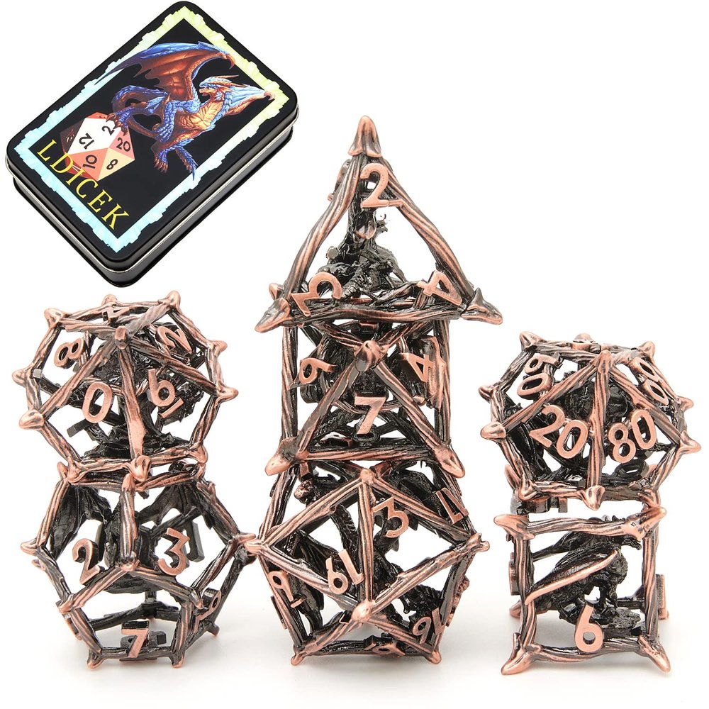 Metal DND Dice Set with Box 7pcs Hollow D&D Dice,Copper Polyhedral Dungeons and Dragons Dice Set Steampunk Polyhedral Dice Games Set for RPG,MTG,Pathfinder,D and D Dice Set (Dragon red Copper)