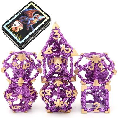 Metal DND Dice Set with Box 7pcs Hollow D&D Dice,Copper Polyhedral Dungeons and Dragons Dice Set Steampunk Polyhedral Dice Games Set for RPG,MTG,Pathfinder,D and D Dice Set (Dragon Purple)