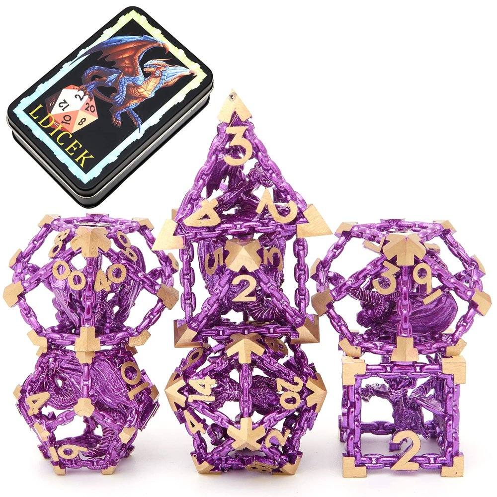 Metal DND Dice Set with Box 7pcs Hollow D&D Dice,Copper Polyhedral Dungeons and Dragons Dice Set Steampunk Polyhedral Dice Games Set for RPG,MTG,Pathfinder,D and D Dice Set (Dragon Purple)