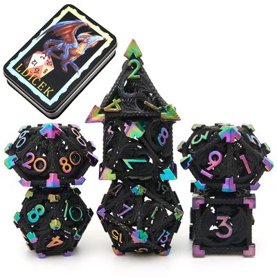 Metal DND Dice Set with Box 7pcs Hollow D&D Dice,Copper Polyhedral Dungeons and Dragons Dice Set Steampunk Polyhedral Dice Games Set for RPG,MTG,Pathfinder,D and D Dice Set (Black Dazzle)
