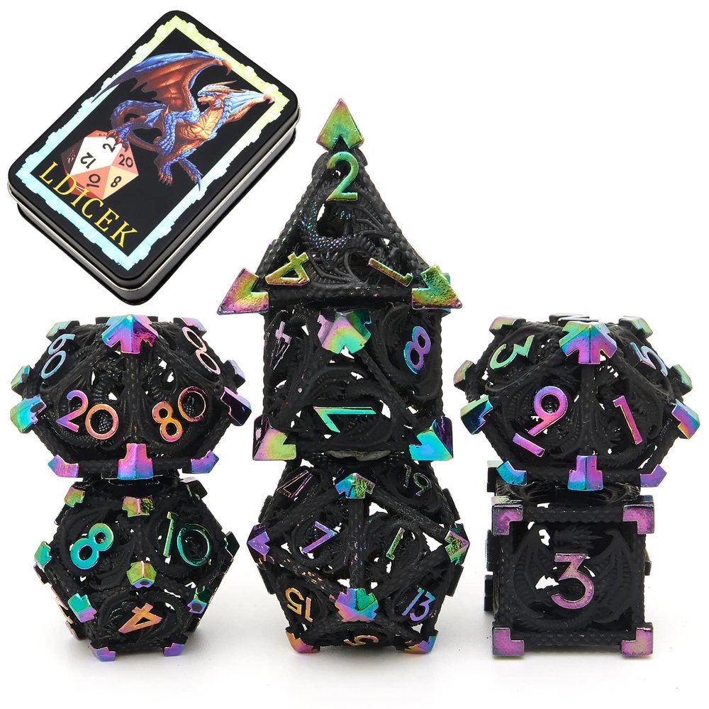 Metal DND Dice Set with Box 7pcs Hollow D&D Dice,Copper Polyhedral Dungeons and Dragons Dice Set Steampunk Polyhedral Dice Games Set for RPG,MTG,Pathfinder,D and D Dice Set (Black Dazzle)