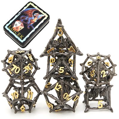 Metal DND Dice Set with Box 7pcs Hollow D&D Dice,Copper Polyhedral Dungeons and Dragons Dice Set Steampunk Polyhedral Dice Games Set for RPG,MTG,Pathfinder,D and D Dice Set (Dragon Black Gold)