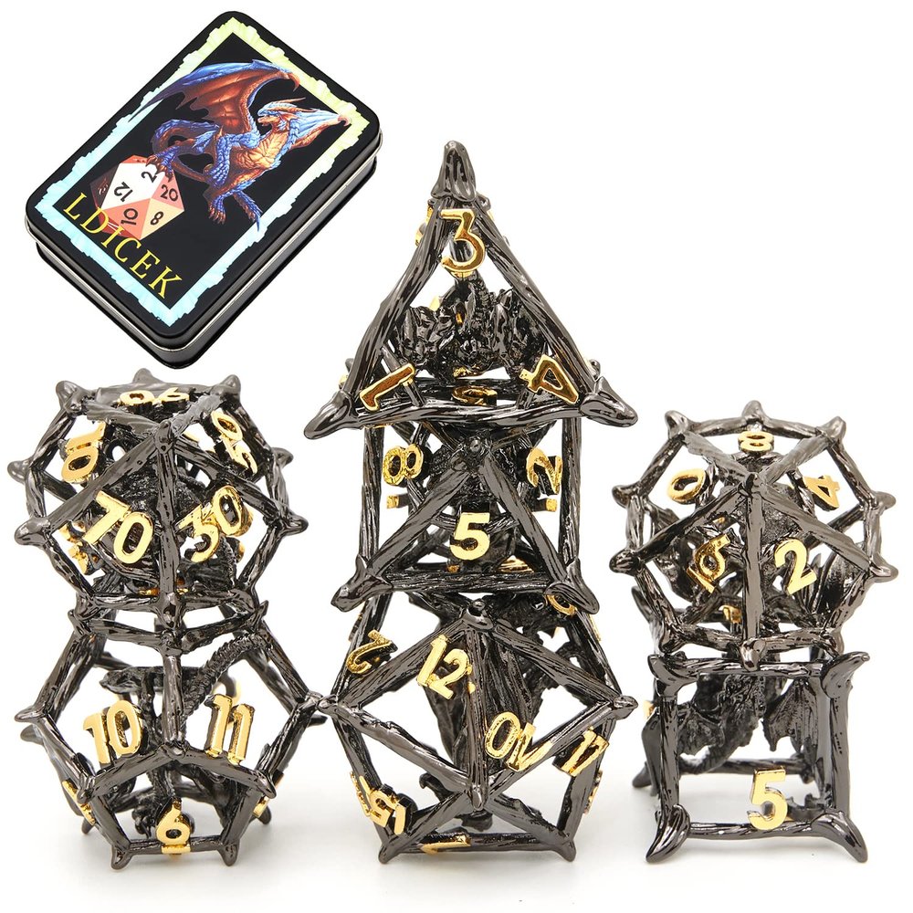Metal DND Dice Set with Box 7pcs Hollow D&D Dice,Copper Polyhedral Dungeons and Dragons Dice Set Steampunk Polyhedral Dice Games Set for RPG,MTG,Pathfinder,D and D Dice Set (Dragon Black Gold)