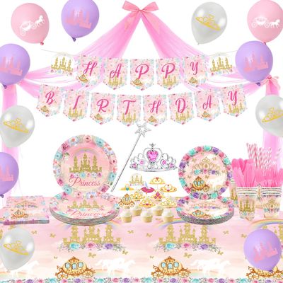 Princess Birthday Party Supplies, Includes Banner, Plates, Tulle, Napkins, Cake Toppers, Crowns, Wands, Balloons, Tablecloths, for Girls Princess's Themed Baby Shower Decorations, Serve 20 (Style A)