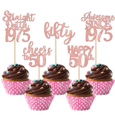 30 Pack 50th Birthday Cupcake Toppers Glitter Straight Outta 1975 Happy 50th Fifty Awesome Since 1975 Cupcake Picks 50 Fabulous Cake Decorations for Birthday Wedding Anniversary Party Rose Gold