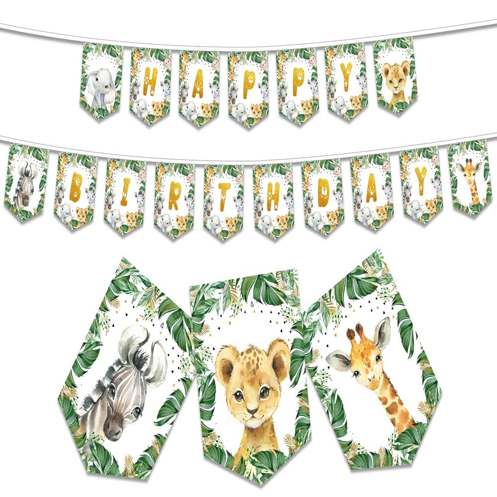 Jungle Theme Safari Animal Banner for Baby Shower Outdoor Party Yard Sign - Happy Birthday Boy Party Supplies and Decorations