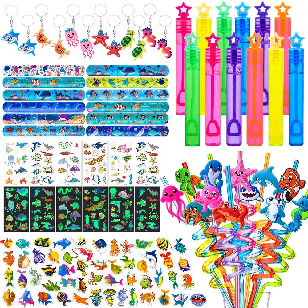 Golray 112pcs Under the Sea Party Favors Ocean Animal Creature Bulk Toy Gift Summer Birthday Supplies for Kids Boy Girl Straw Bubble Wand Tattoo Sticker Goodie Bag Filler Stuffer