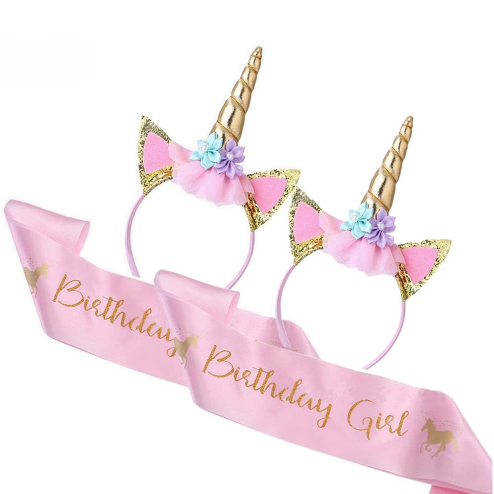 RFAPTDM 2Pcs Gold Unicorn Horn Headband 2Pcs Birthday Girl Sash Satin for Girl 1st Birthday Party Decoration Gold Ears Flower Headdress Hair Hoop