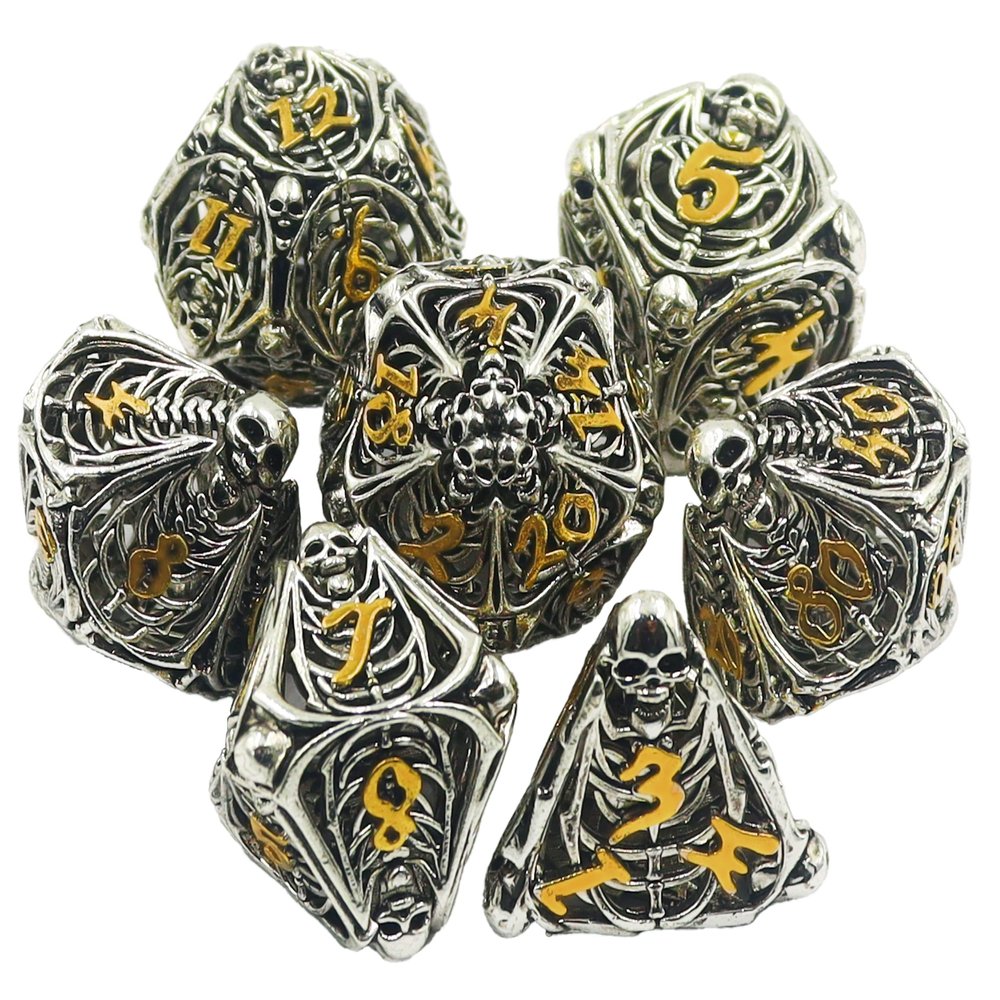 Metal DND Dice Set Skull Dungeons and Dragon Dice Set Hollow Polyhedral Magic 7 PCS Dice Set with Gift Metal Box for Dungeons and Dragons Table Games Play Cards MTG(Skull_Ancient Silver and Gold)