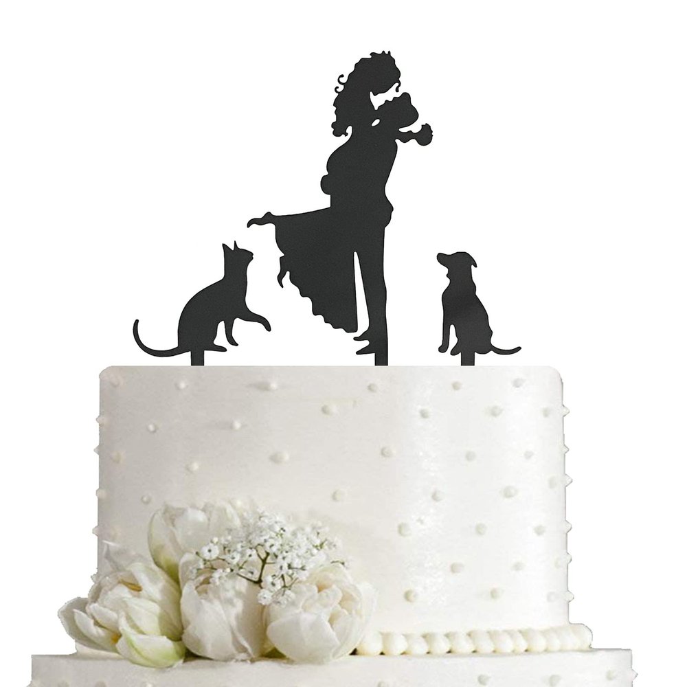 JIEEIN Wedding Cake Topper - Bride Hold Groom with Flowers Besides Pet Cat and Pet Dog Silhouette Cake Decoration