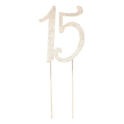 VALICLUD 15Th Birthday Cake Topper with Gold Rhinestones Alloy Decorative Number Pick for Anniversary Party Quinceanera Celebration 8.46X3.34In