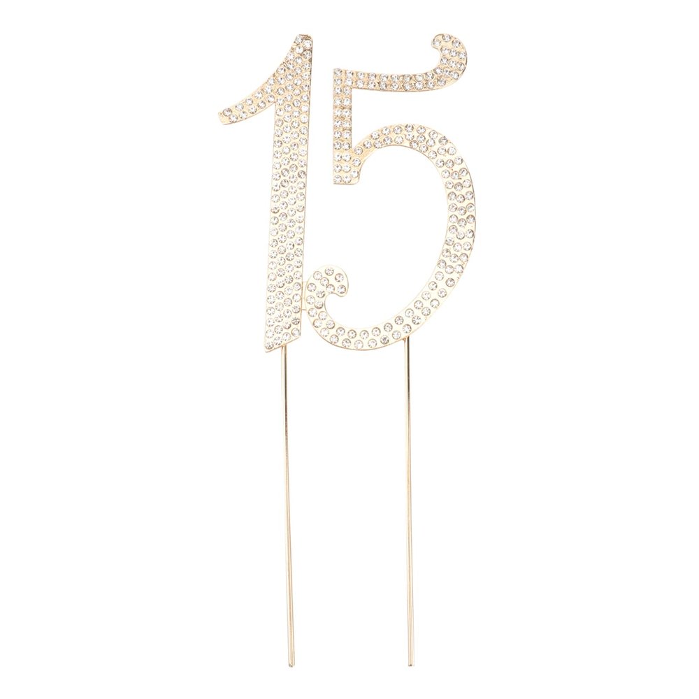 VALICLUD 15Th Birthday Cake Topper with Gold Rhinestones Alloy Decorative Number Pick for Anniversary Party Quinceanera Celebration 8.46X3.34In