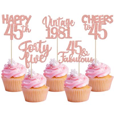 30PCS Happy 45th Birthday Cupcake Toppers Glitter Forty Five 45 Fabulous Vintage 1981 Cupcake Picks Cheers to 45 Years for 45th Birthday Anniversary Party Cake Decorations Supplies Rose Gold