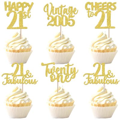 30PCS Happy 21st Birthday Cupcake Toppers Glitter Twenty One 21 Fabulous Vintage 2005 Cupcake Picks Cheers to 21 Years for 21st Birthday Anniversary Party Cake Decorations Supplies Gold