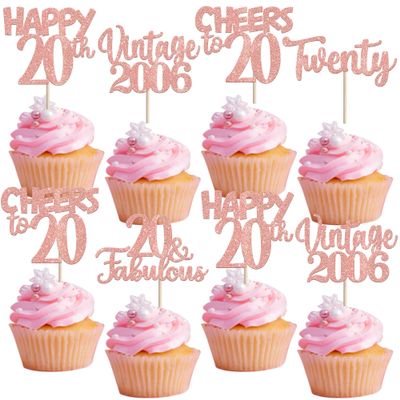 30PCS Happy 20th Birthday Cupcake Toppers Glitter Twenty 20 Fabulous Vintage 2006 Cupcake Picks Cheers to 20 Years for 20th Birthday Wedding Anniversary Party Cake Decorations Supplies Rose Gold