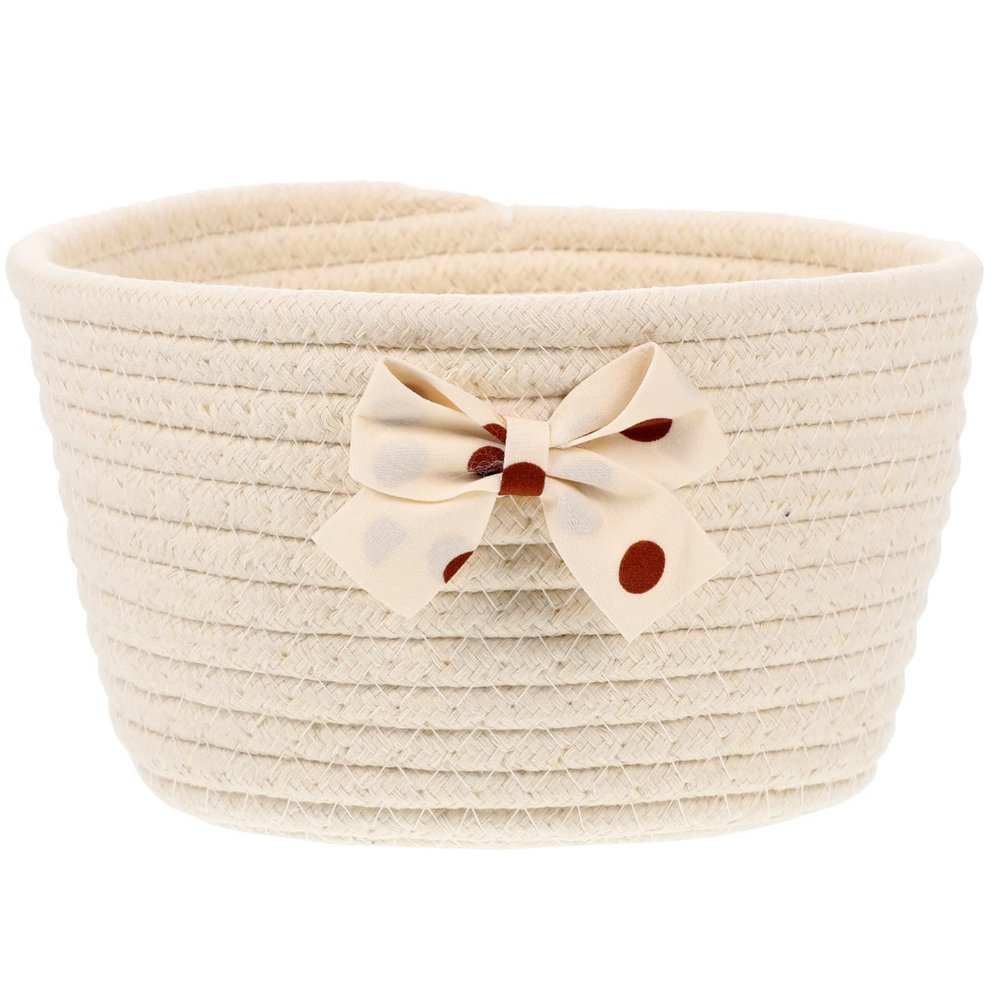 Cabilock Desktop Storage Basket Bow Design Cute Cotton Woven Organizer for Home Nursery and Closet for Storing Clothes Toys Snacks and Cosmetics Beige