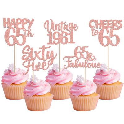 30PCS Happy 65th Birthday Cupcake Toppers Glitter Sixty Five 65 Fabulous Vintage 1961 Cupcake Picks Cheers to 65 Years for 65th Birthday Anniversary Party Cake Decorations Supplies Rose Gold