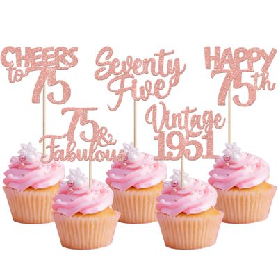 30PCS Happy 75th Birthday Cupcake Toppers Glitter Seventy Five 75 Fabulous Vintage 1951 Cupcake Picks Cheers to 75 Years for 75th Birthday Anniversary Party Cake Decorations Supplies Rose Gold