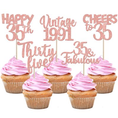 30PCS Happy 35th Birthday Cupcake Toppers Glitter Thirty Five 35 Fabulous Vintage 1991 Cupcake Picks Cheers to 35 Years for 35th Birthday Anniversary Party Cake Decorations Supplies Rose Gold