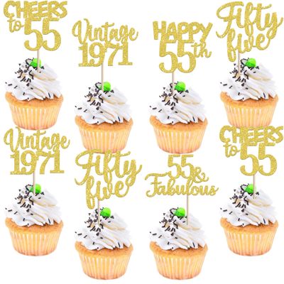 30PCS Happy 55th Birthday Cupcake Toppers Glitter Fifty Five 55 Fabulous Vintage 1971 Cupcake Picks Cheers to 55 Years for 55th Birthday Anniversary Party Cake Decorations Supplies Gold