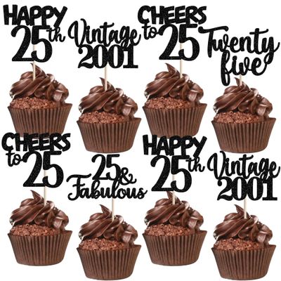 30PCS Happy 25th Birthday Cupcake Toppers Glitter Twenty Five Vintage 2001 Cupcake Picks 25 Fabulous Cheers to 25 Years Cake Decorations for 25th Birthday Anniversary Party Supplies Black