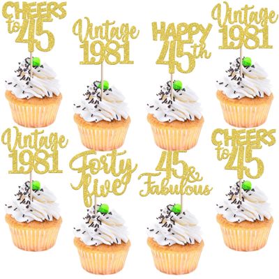 30PCS Happy 45th Birthday Cupcake Toppers Glitter Forty Five 45 Fabulous Vintage 1981 Cupcake Picks Cheers to 45 Years for 45th Birthday Anniversary Party Cake Decorations Supplies Gold