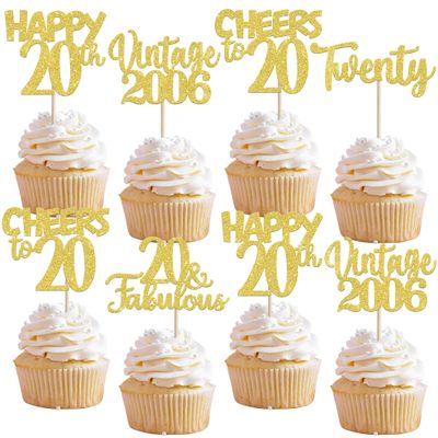 30PCS Happy 20th Birthday Cupcake Toppers Glitter Twenty 20 Fabulous Vintage 2006 Cupcake Picks Cheers to 20 Years for 20th Birthday Wedding Anniversary Party Cake Decorations Supplies Gold