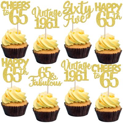 30PCS Happy 65th Birthday Cupcake Toppers Glitter Sixty Five 65 Fabulous Vintage 1961 Cupcake Picks Cheers to 65 Years for 65th Birthday Anniversary Party Cake Decorations Supplies Gold
